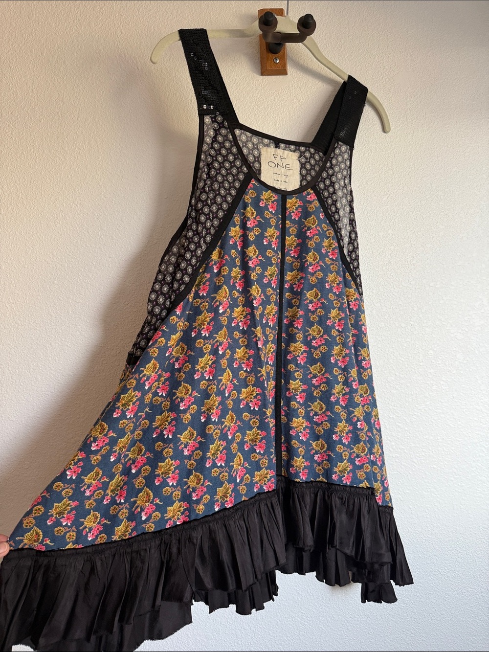 FP ONE Trapeze Floral Racerback Tank Top With Black Sequins & Ruffle Trim M/L